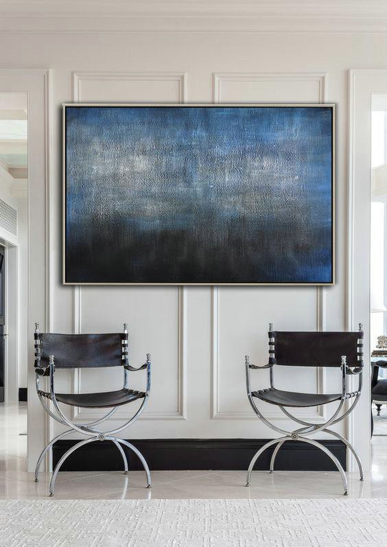 Extra Large Acrylic Painting On Canvas,Oversized Horizontal Contemporary Art,Extra Large Canvas Painting,Dark Blue,Grey,Black.etc
